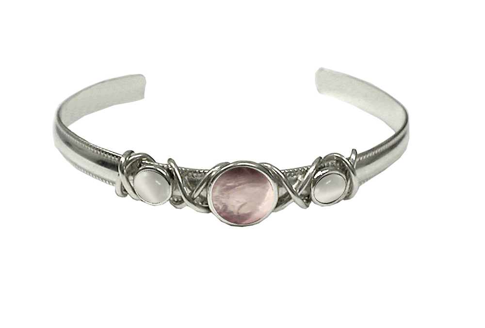 Sterling Silver Hand Made Cuff Bracelet With Rose Quartz And White Moonstone